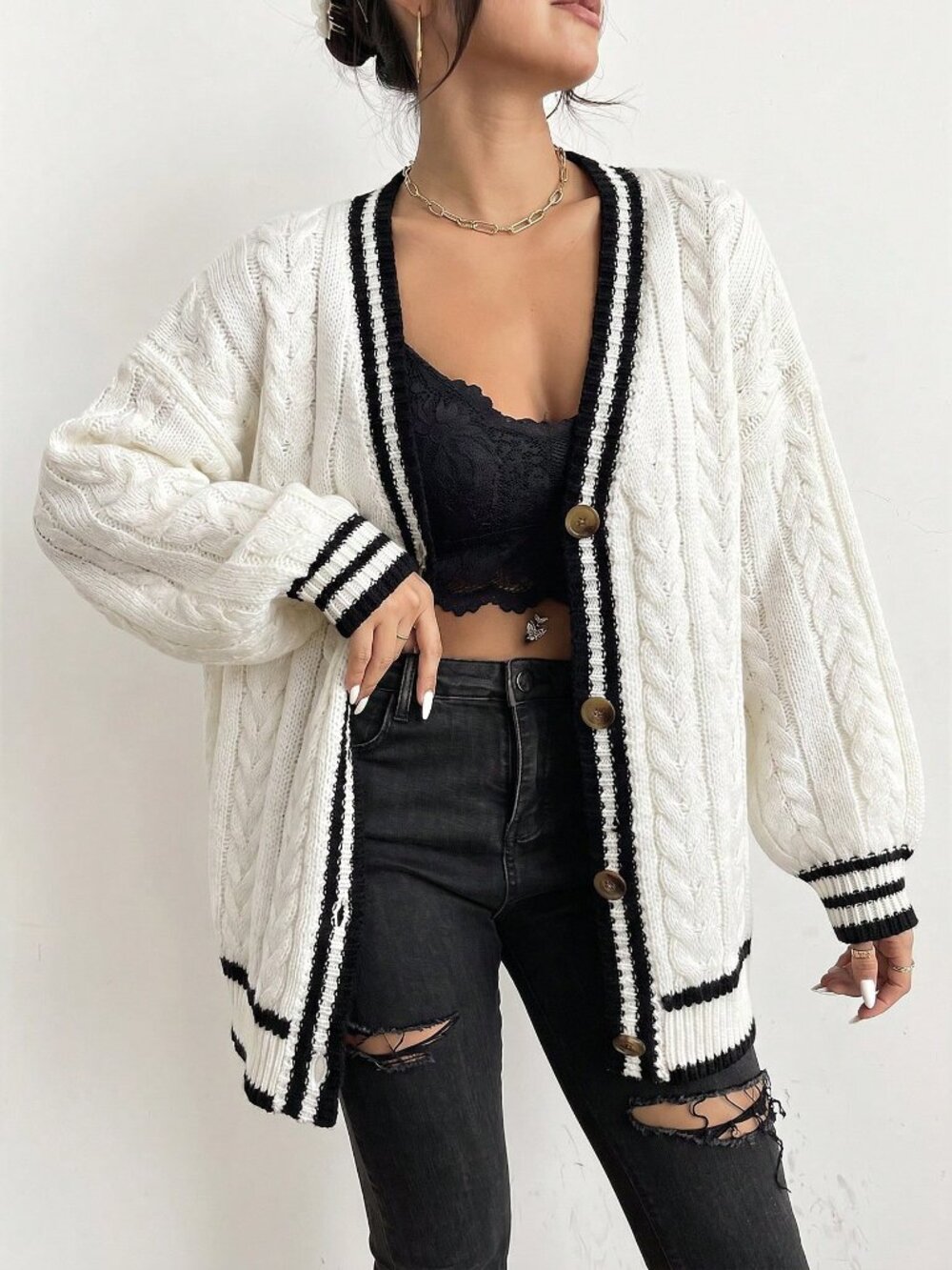 Black and White Casual Women's Oversized V Neck Drop Shoulder Button Cardigan